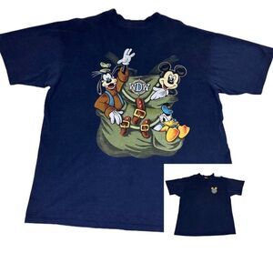 Vintage Walt Disney World Mickey Goofy Donald T-shirt Navy Blue Single Stitch
